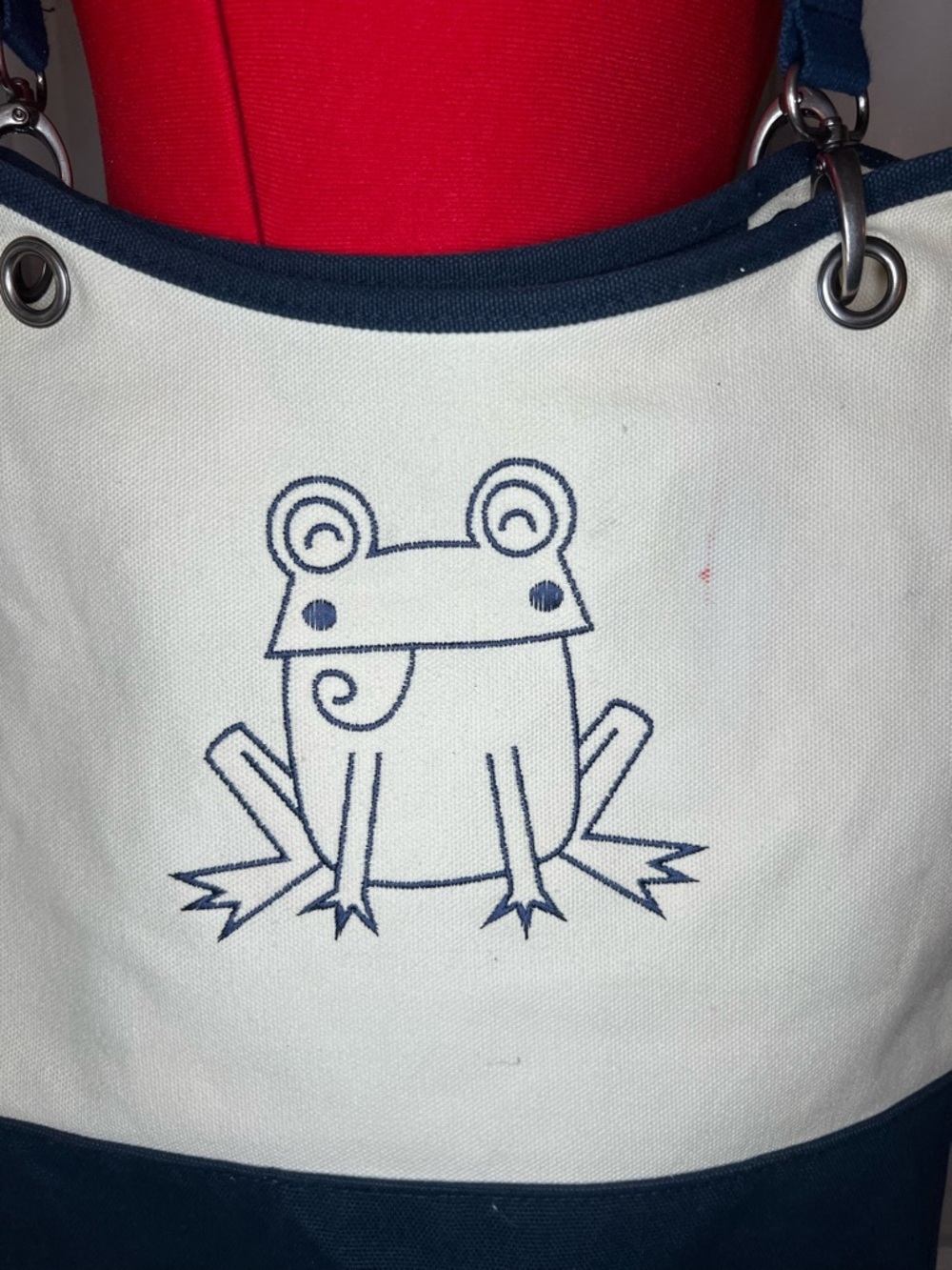 Canvas Crew Tote Bag by Thirty One Navy Cream Large Embroidered Frog - Picture 2 of 13